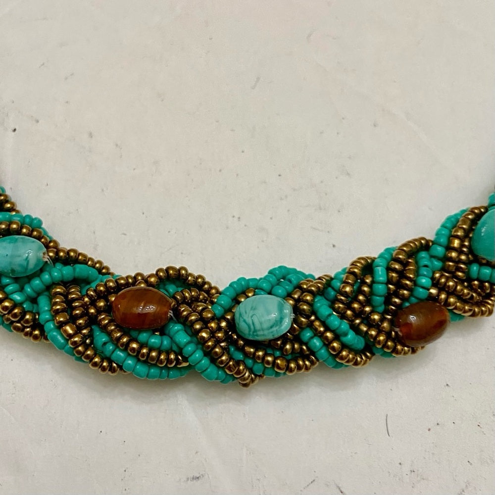 Vintage, 18in-20in Turquoise-Garnet Beaded Necklace- 7pc Turquoise-Gold Bangles