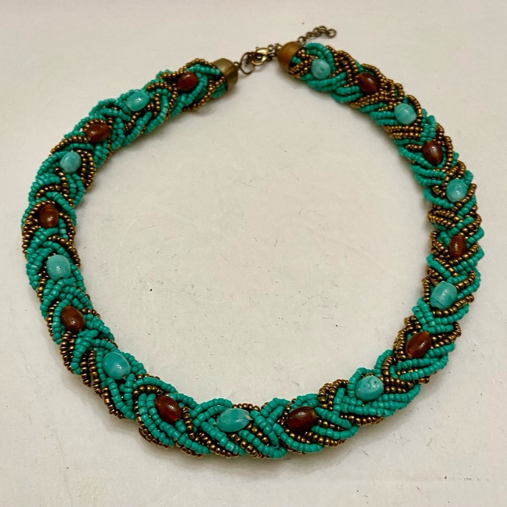 Vintage, 18in-20in Turquoise-Garnet Beaded Necklace- 7pc Turquoise-Gold Bangles