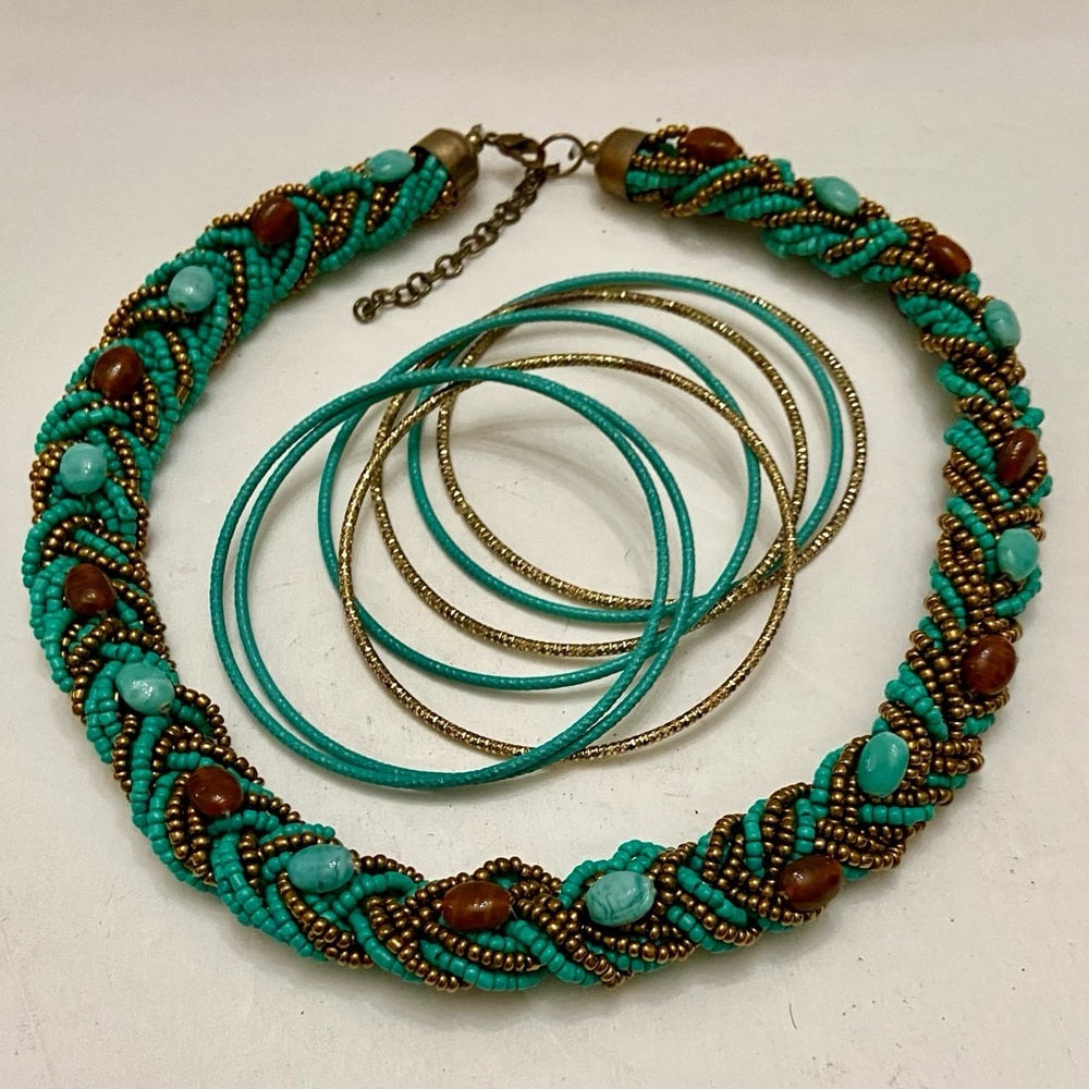 Vintage, 18in-20in Turquoise-Garnet Beaded Necklace- 7pc Turquoise-Gold Bangles