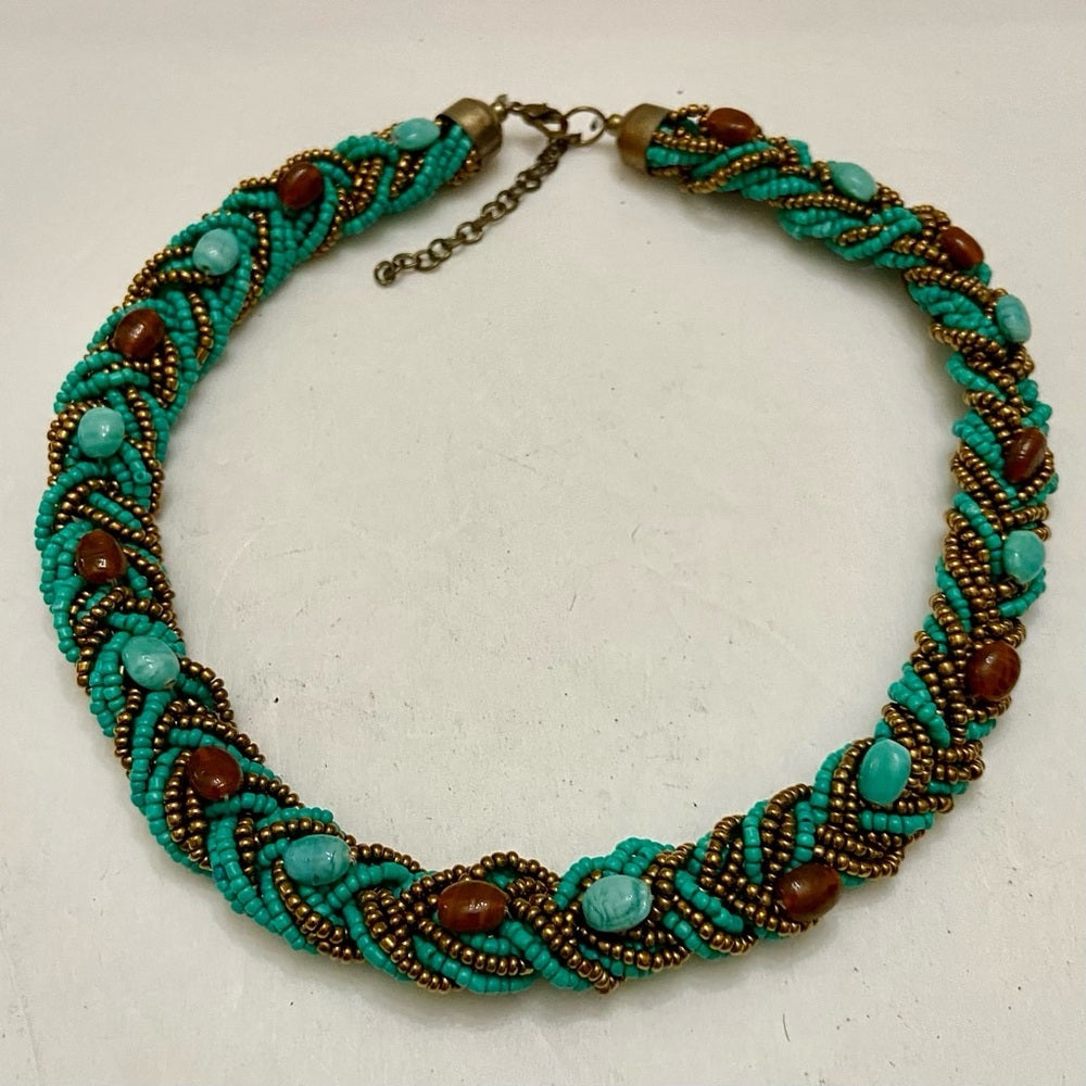 Vintage, 18in-20in Turquoise-Garnet Beaded Necklace- 7pc Turquoise-Gold Bangles