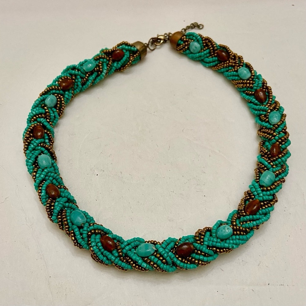 Vintage, 18in-20in Turquoise-Garnet Beaded Necklace- 7pc Turquoise-Gold Bangles