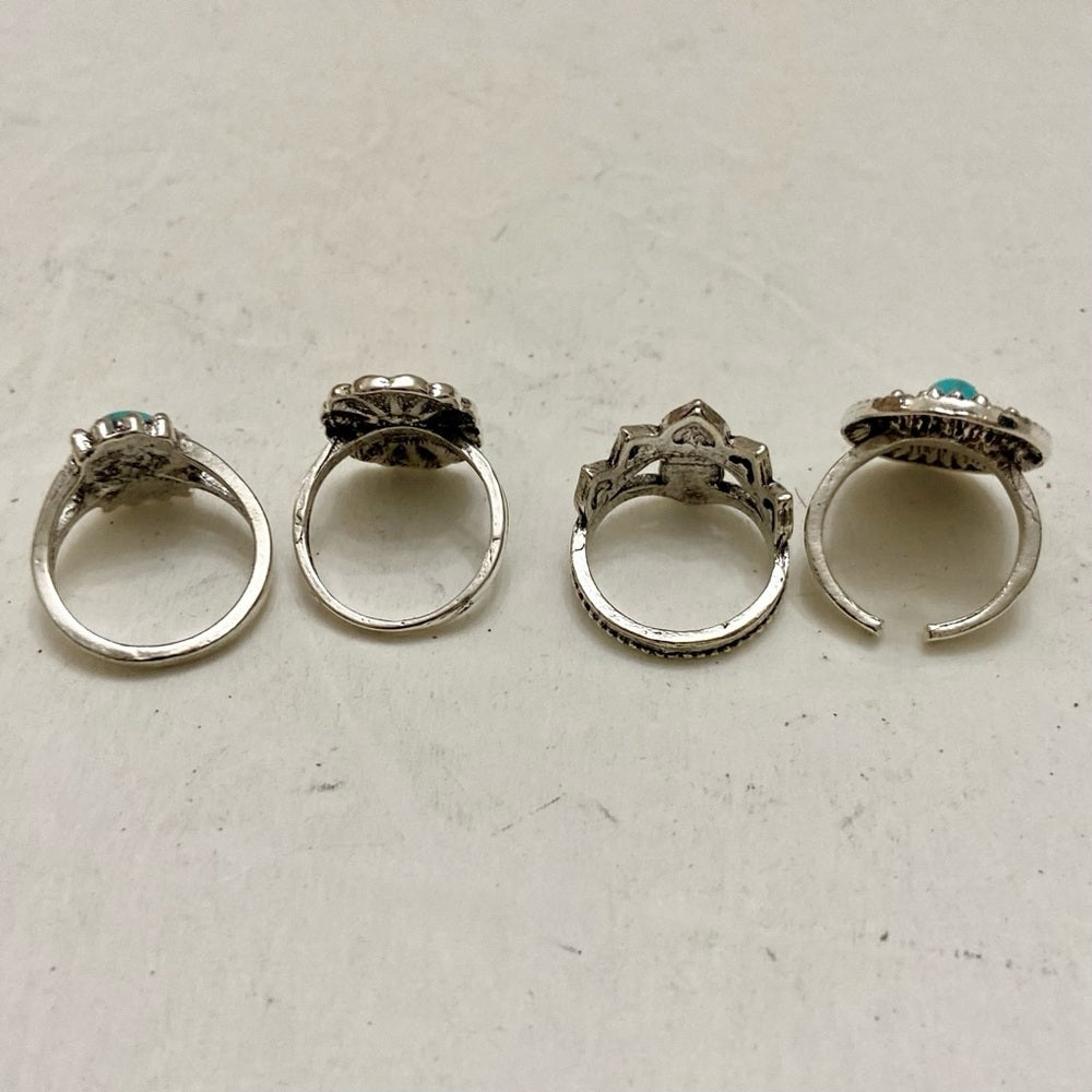Vintage, 4pc Silver Tone- Faux Turquoise Rings (G)