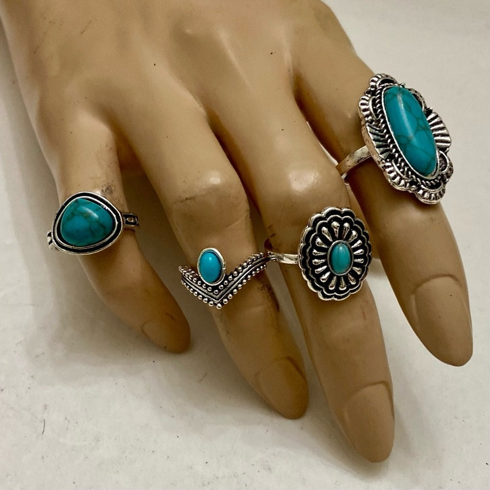 Vintage, 4pc Silver Tone- Faux Turquoise Rings (G)