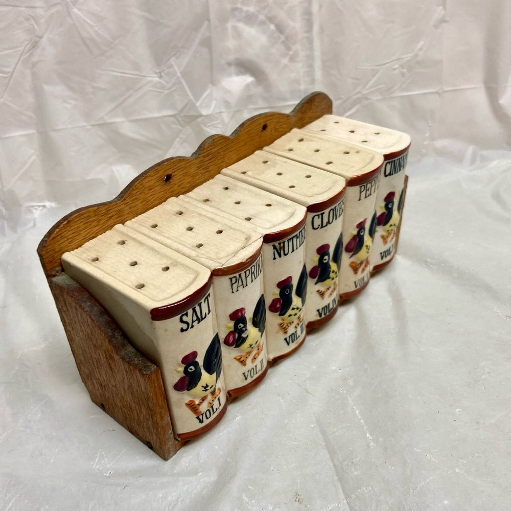 Vintage, Rare, Japan, 7-pc Turkey Shaker Set with Wooden Rack