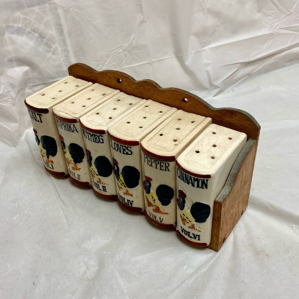 Vintage, Rare, Japan, 7-pc Turkey Shaker Set with Wooden Rack