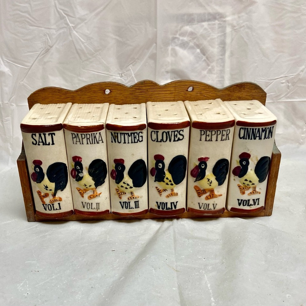 Vintage, Rare, Japan, 7-pc Turkey Shaker Set with Wooden Rack