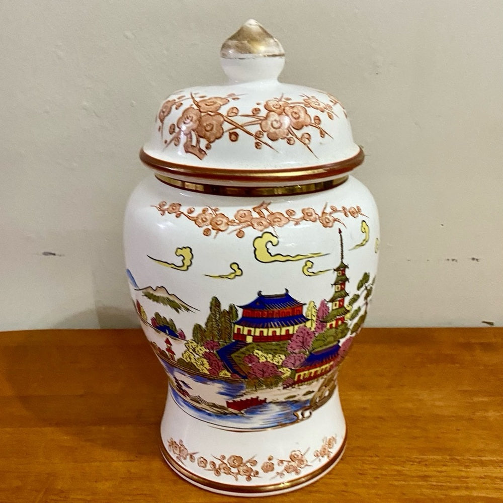 Vintage, Variant Polychrome Willow Large, Temple Jar or Urn 13in H x 7.5in D