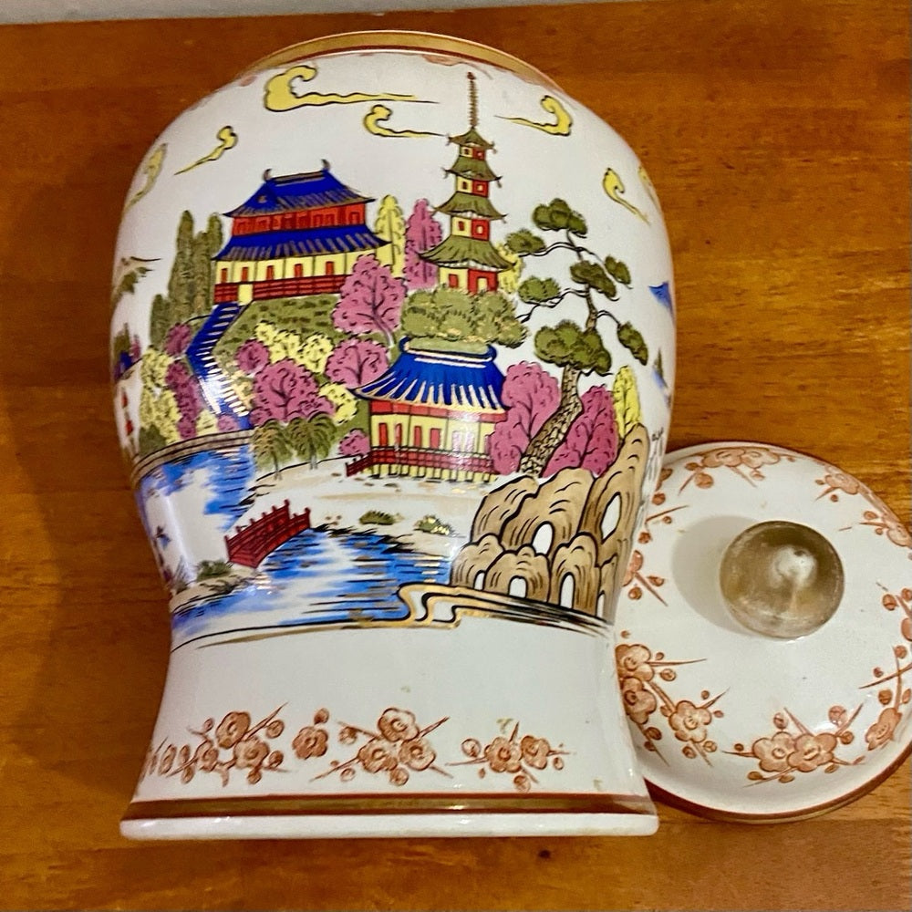 Vintage, Variant Polychrome Willow Large, Temple Jar or Urn 13in H x 7.5in D