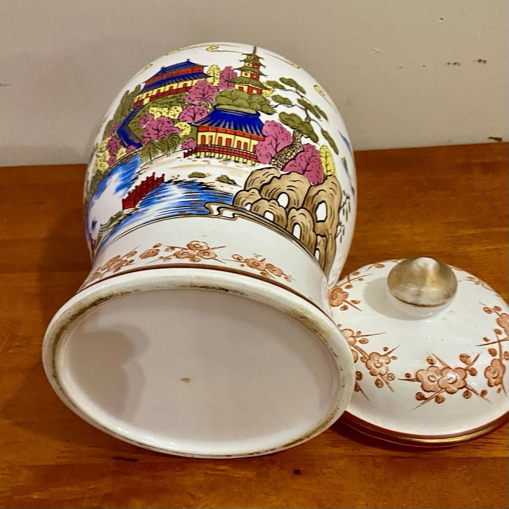 Vintage, Variant Polychrome Willow Large, Temple Jar or Urn 13in H x 7.5in D