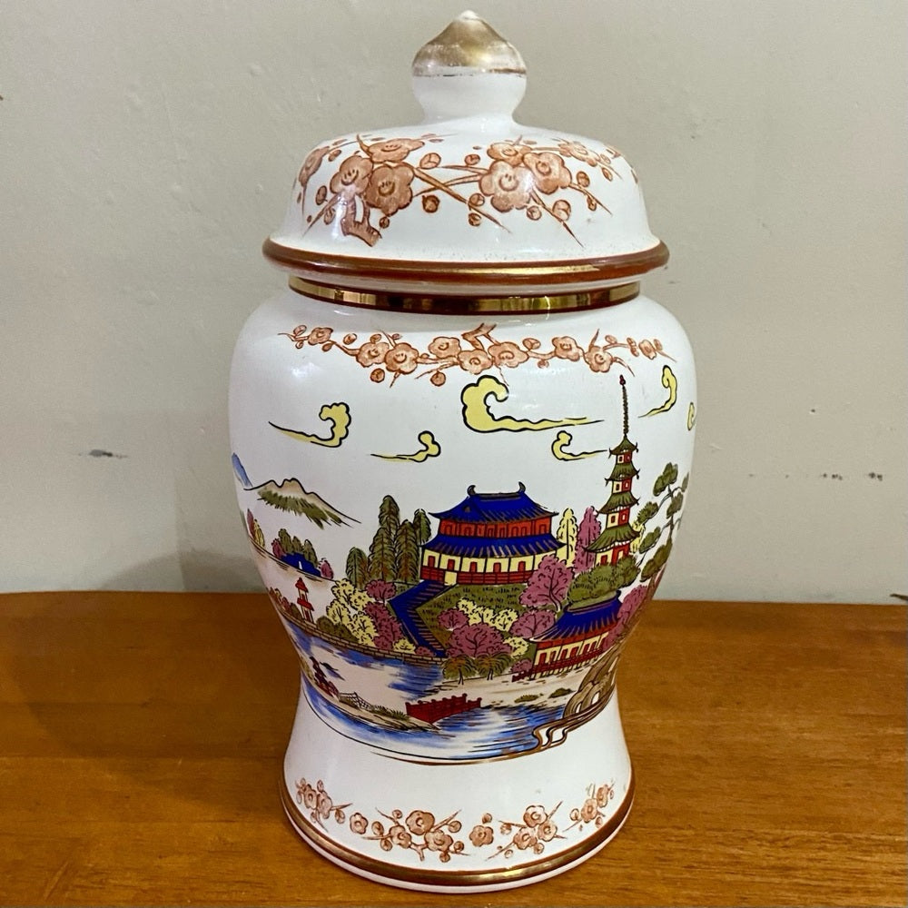 Vintage, Variant Polychrome Willow Large, Temple Jar or Urn 13in H x 7.5in D