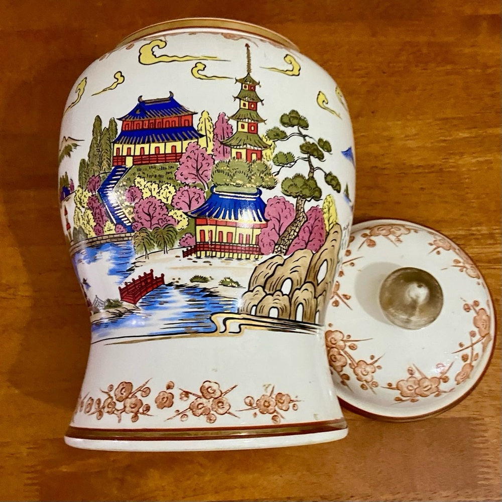 Vintage, Variant Polychrome Willow Large, Temple Jar or Urn 13in H x 7.5in D