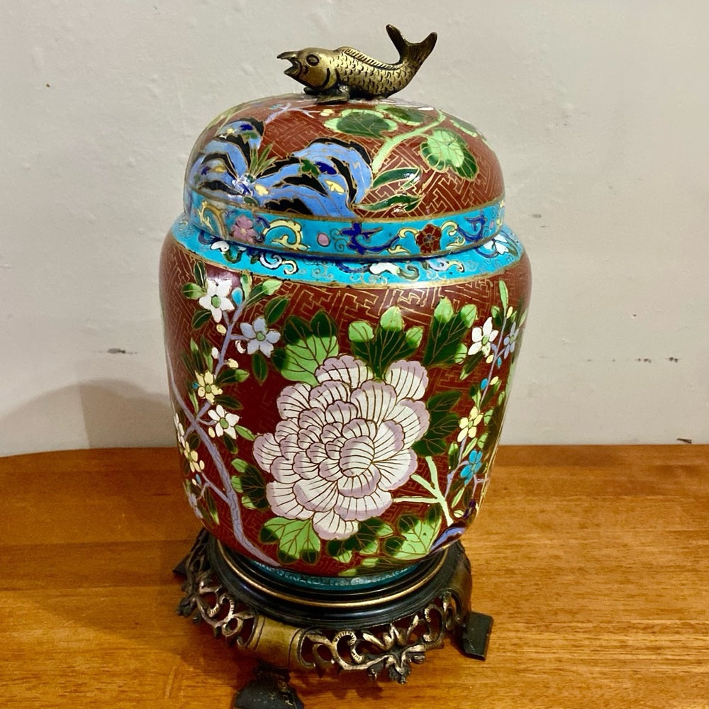 Antique, Floral Cloisonné Style Large, Temple Jar or Urn with Finial 14in x 8in