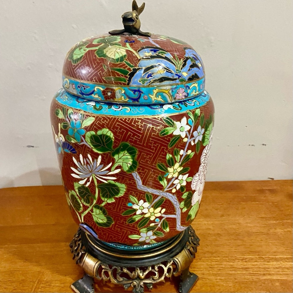 Antique, Floral Cloisonné Style Large, Temple Jar or Urn with Finial 14in x 8in