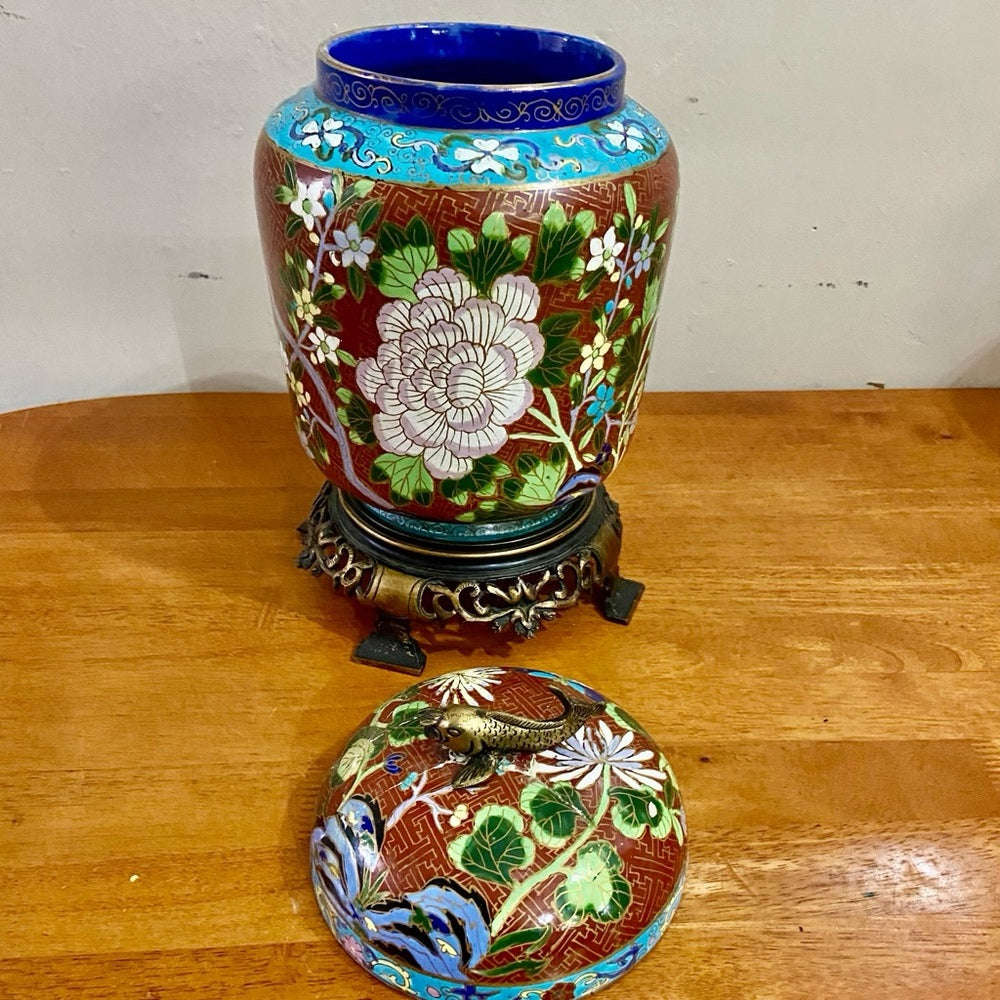 Antique, Floral Cloisonné Style Large, Temple Jar or Urn with Finial 14in x 8in