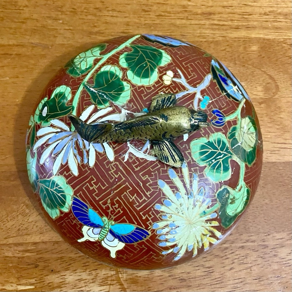 Antique, Floral Cloisonné Style Large, Temple Jar or Urn with Finial 14in x 8in