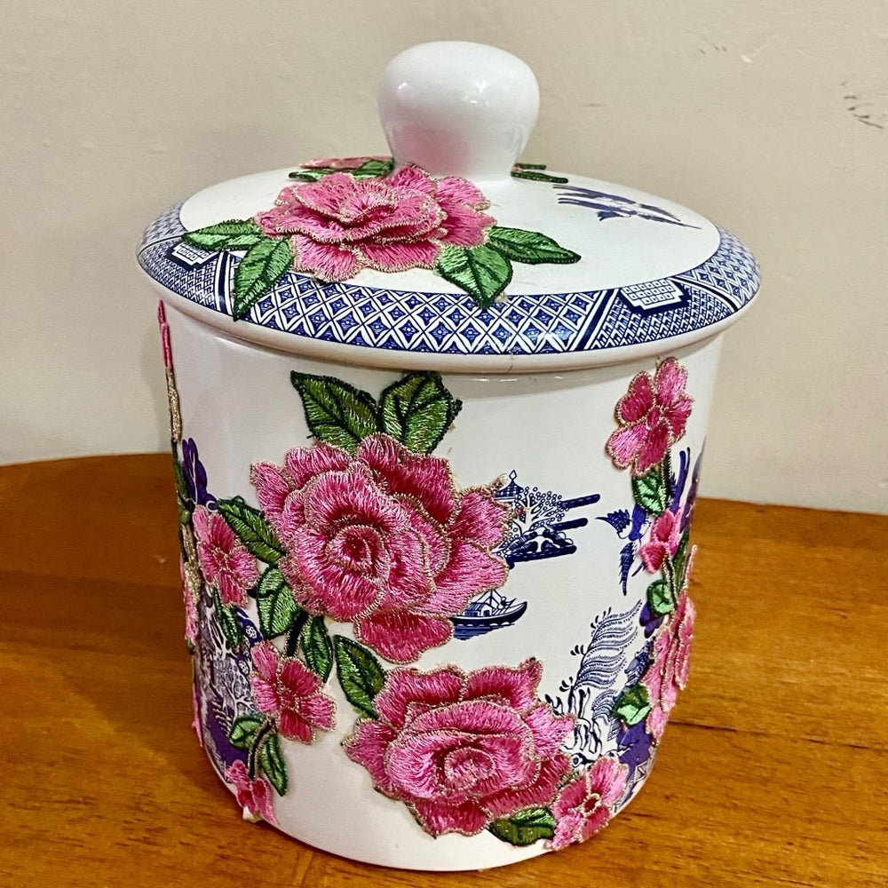 Vintage, Blue Willow -Floral One of a kind Memory Jar 9.5in H x 7.5in