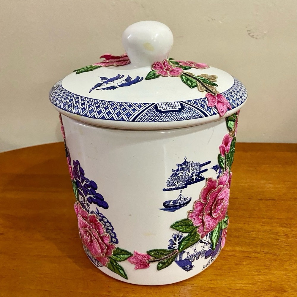 Vintage, Blue Willow -Floral One of a kind Memory Jar 9.5in H x 7.5in