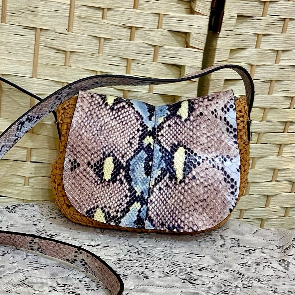 Vince Camuto ReptileLeather and Straw Crossbody 9in L x 6in H x 2in W