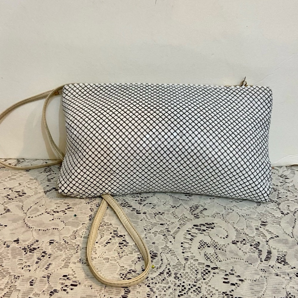 Vintage, Whiting and Davis White Mesh Crossbody Bag 10in L x 6in H, x 1in