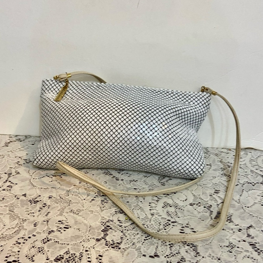 Vintage, Whiting and Davis White Mesh Crossbody Bag 10in L x 6in H, x 1in