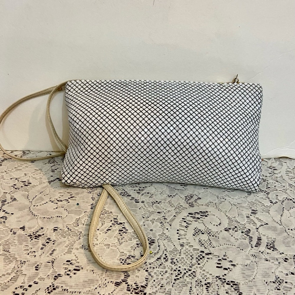 Vintage, Whiting and Davis White Mesh Crossbody Bag 10in L x 6in H, x 1in