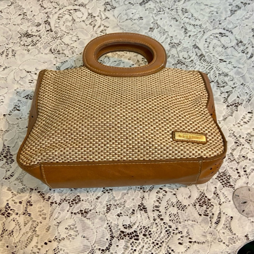 Rosetti Beige Straw- Brown Leather Trim Handbag-Crossbody. (9.5in x 6in x 3in)