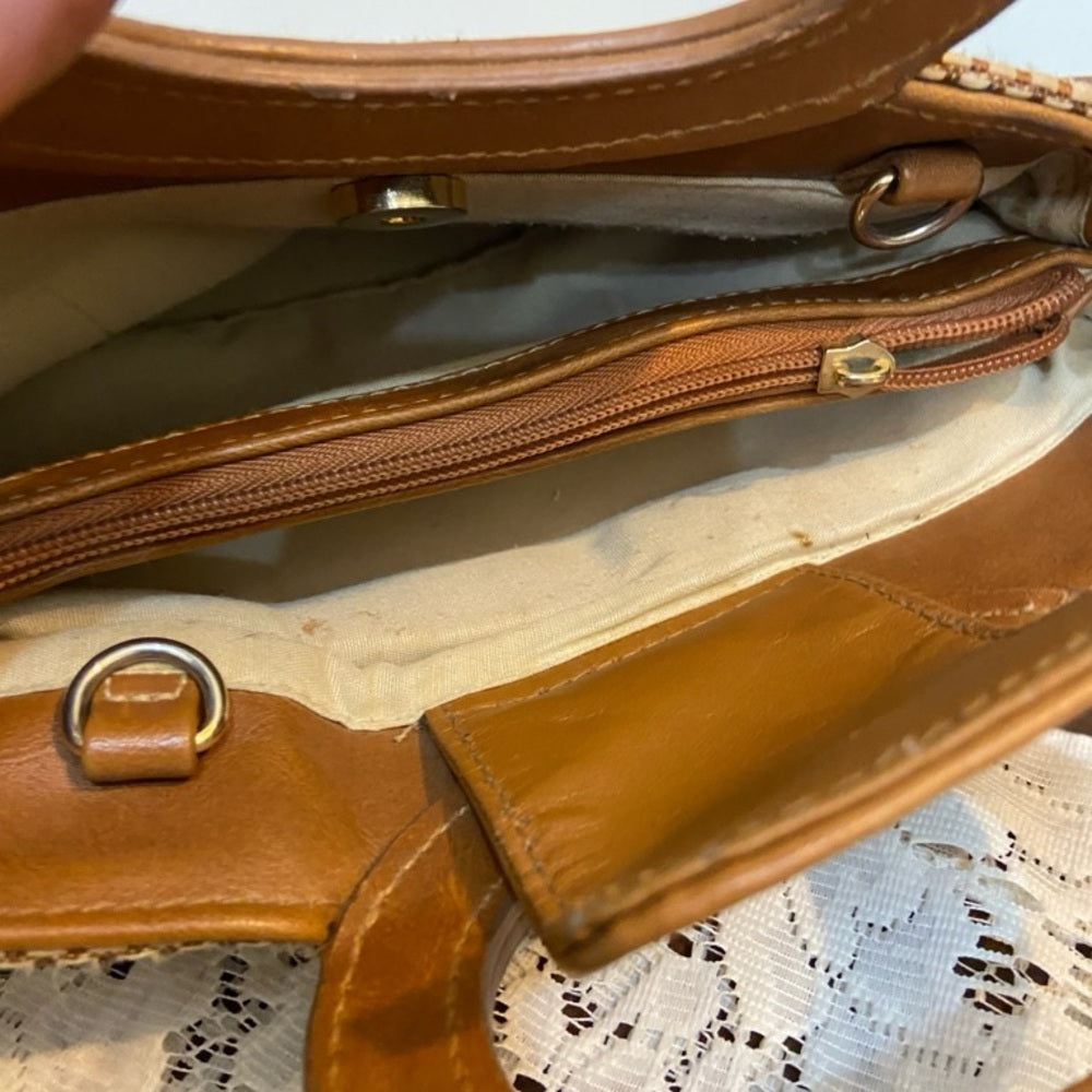Rosetti Beige Straw- Brown Leather Trim Handbag-Crossbody. (9.5in x 6in x 3in)