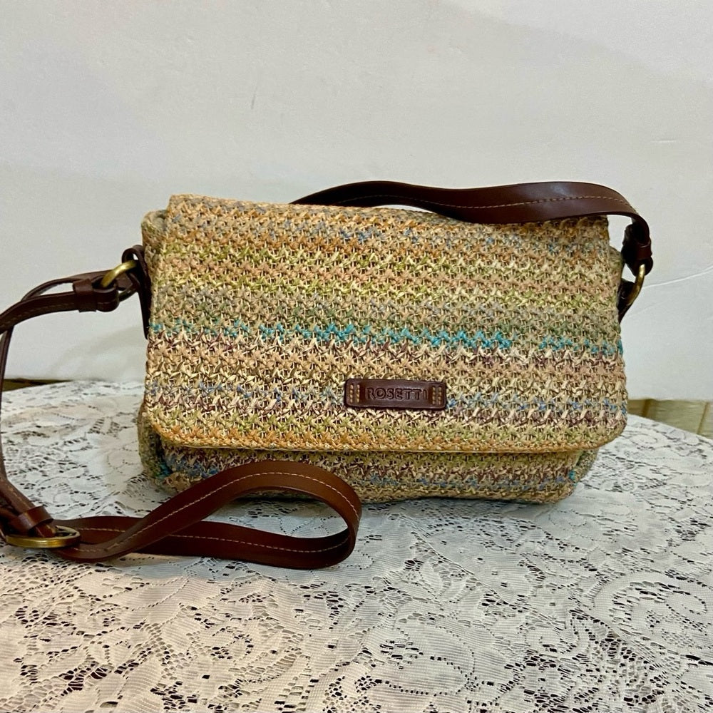Rosetti Multicolor Crossbody Bag with Brown Leather Trim and Strap
