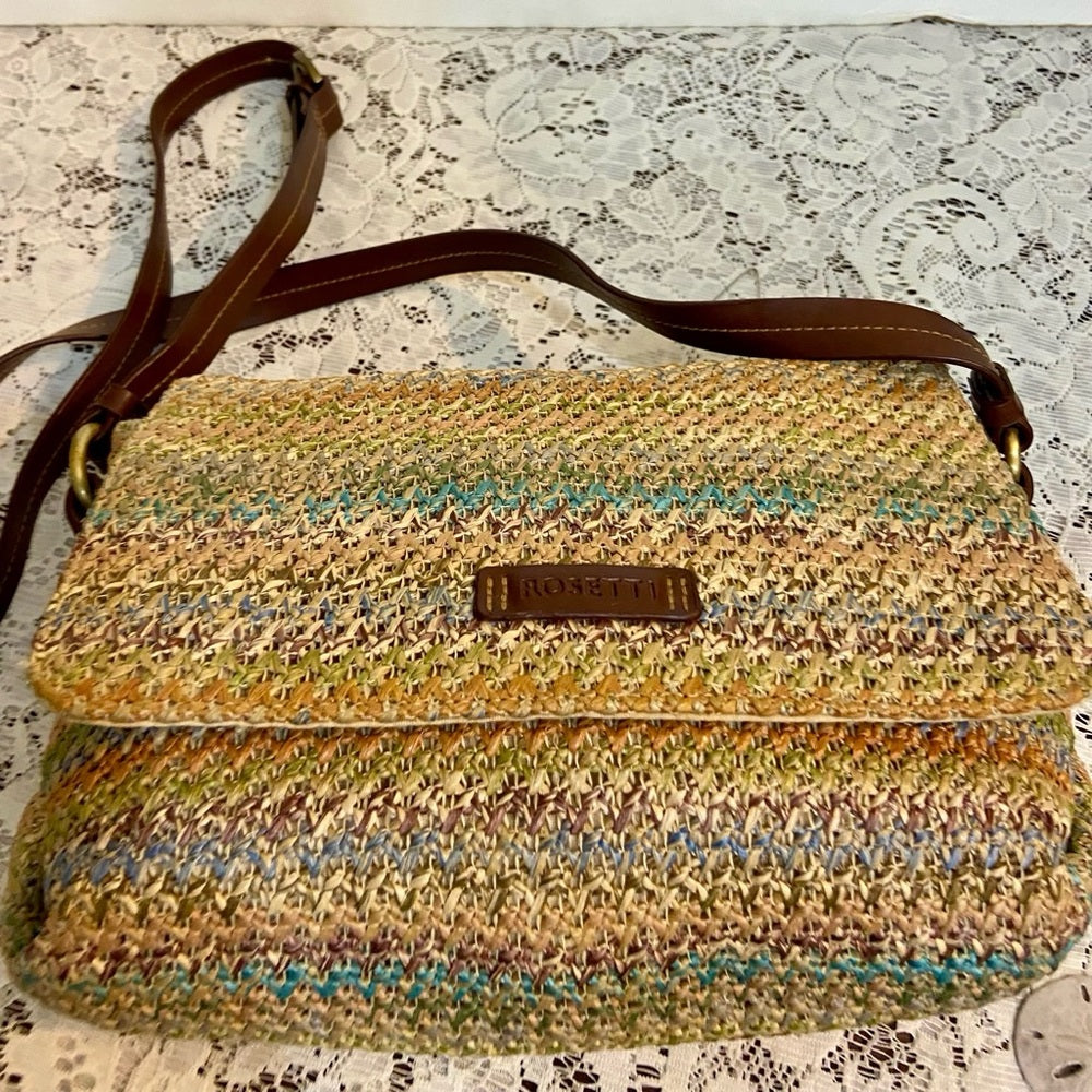 Rosetti Multicolor Crossbody Bag with Brown Leather Trim and Strap