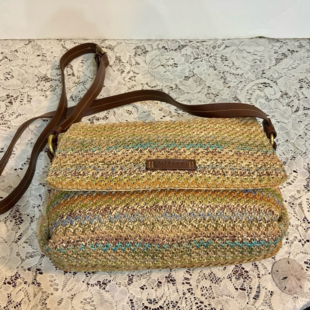 Rosetti Multicolor Crossbody Bag with Brown Leather Trim and Strap