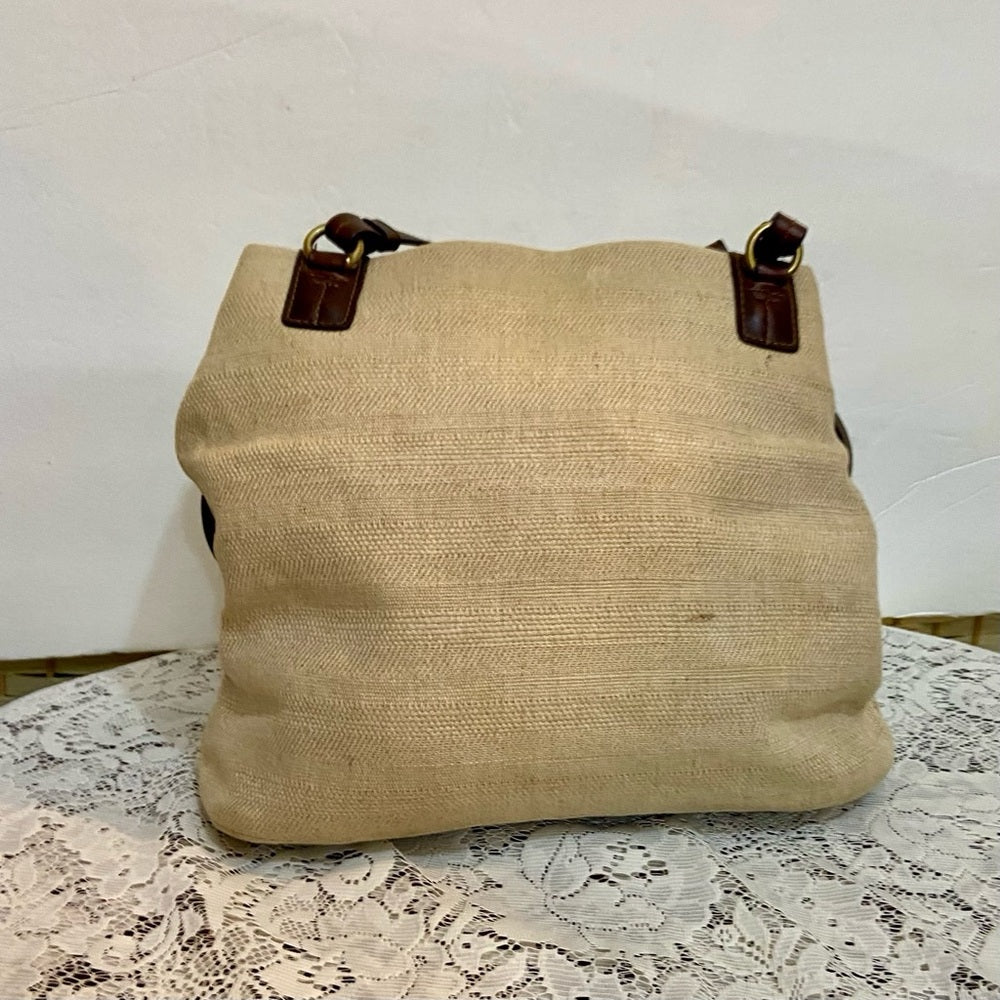 Beige Canvas with Brown Leather Shoulder Bag