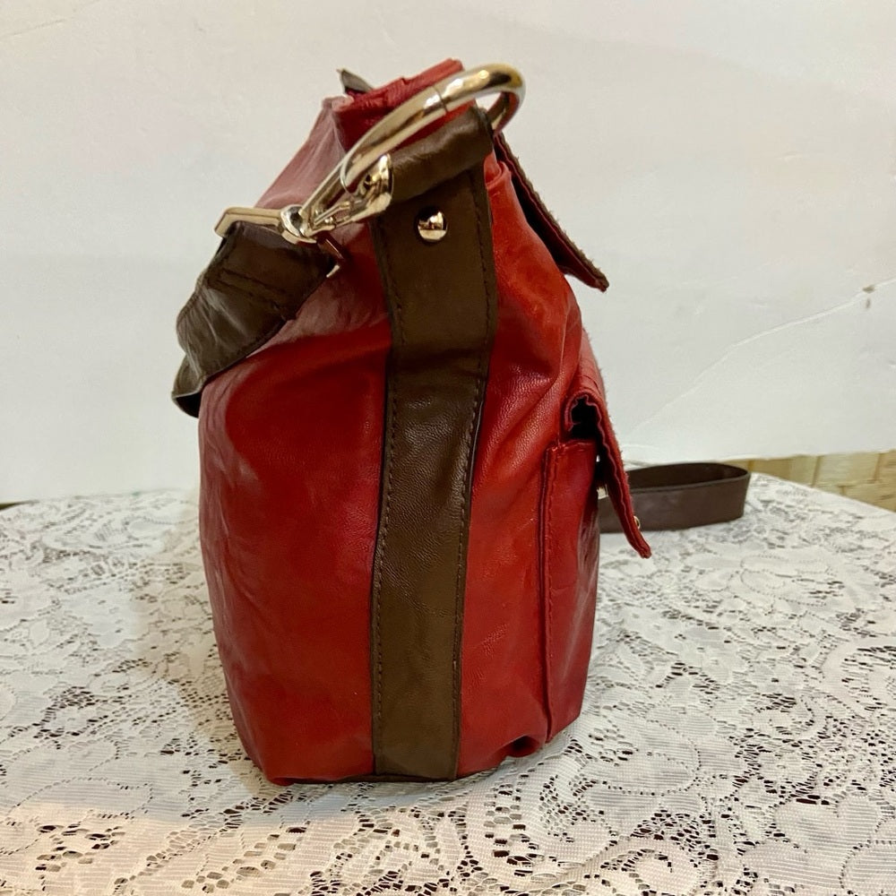 Rosetti Red and Brown Faux Leather Trim Handbag-Crossbody. (12in x 10in x 4.5in)