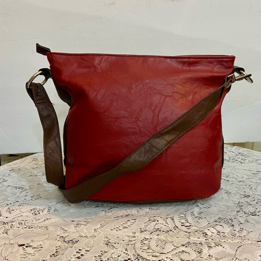 Rosetti Red and Brown Faux Leather Trim Handbag-Crossbody. (12in x 10in x 4.5in)