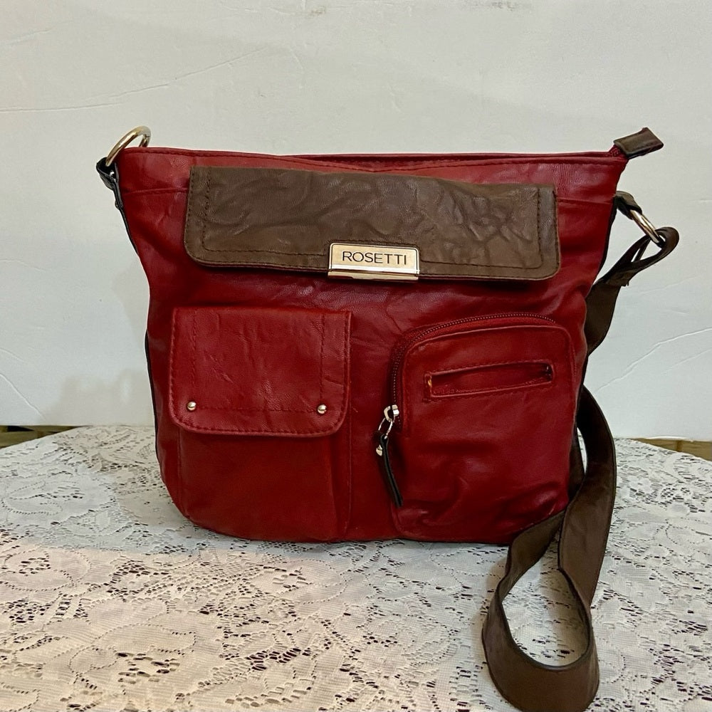 Rosetti Red and Brown Faux Leather Trim Handbag-Crossbody. (12in x 10in x 4.5in)