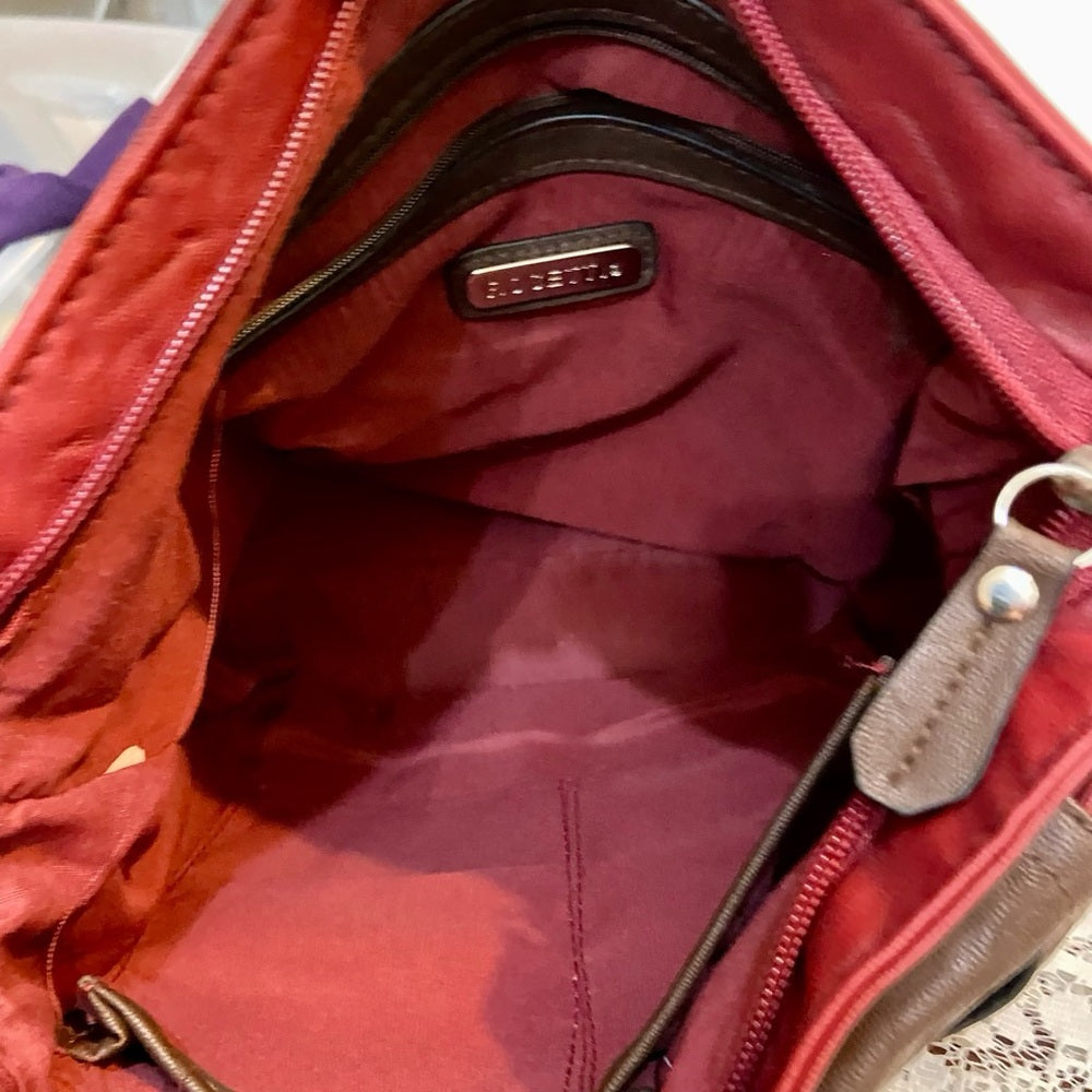 Rosetti Red and Brown Faux Leather Trim Handbag-Crossbody. (12in x 10in x 4.5in)