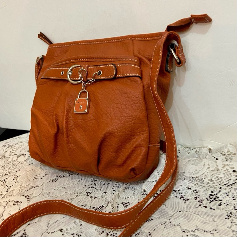 Rosetti Orange Faux Leather Handbag-Crossbody. (8.5in x 8in x 2.5in)