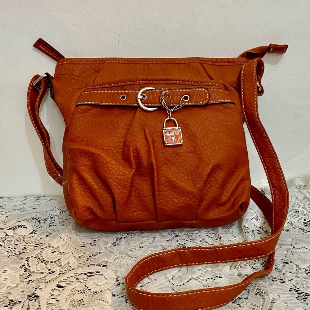 Rosetti Orange Faux Leather Handbag-Crossbody. (8.5in x 8in x 2.5in)