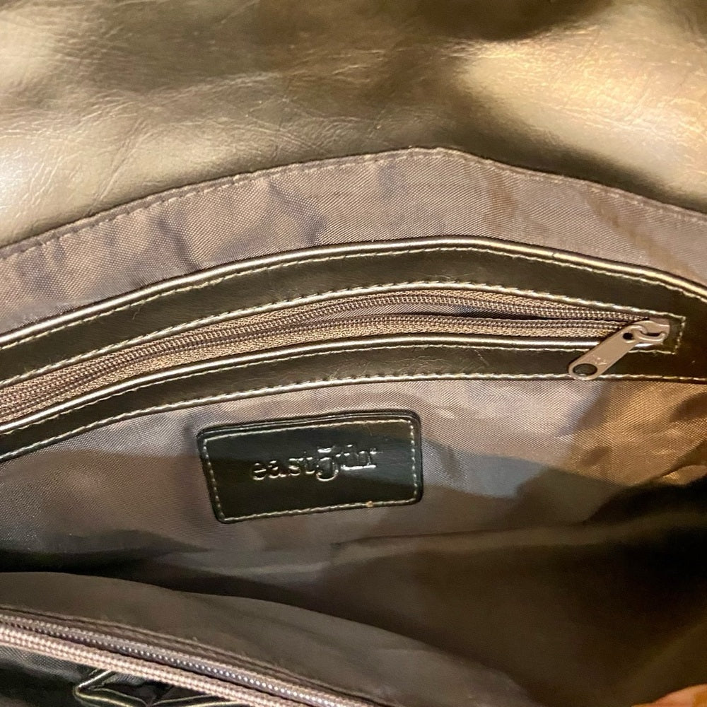 East 5th Metallic Silver Faux Leather Handbag. (13.5in x 7.5in x 3.5in)