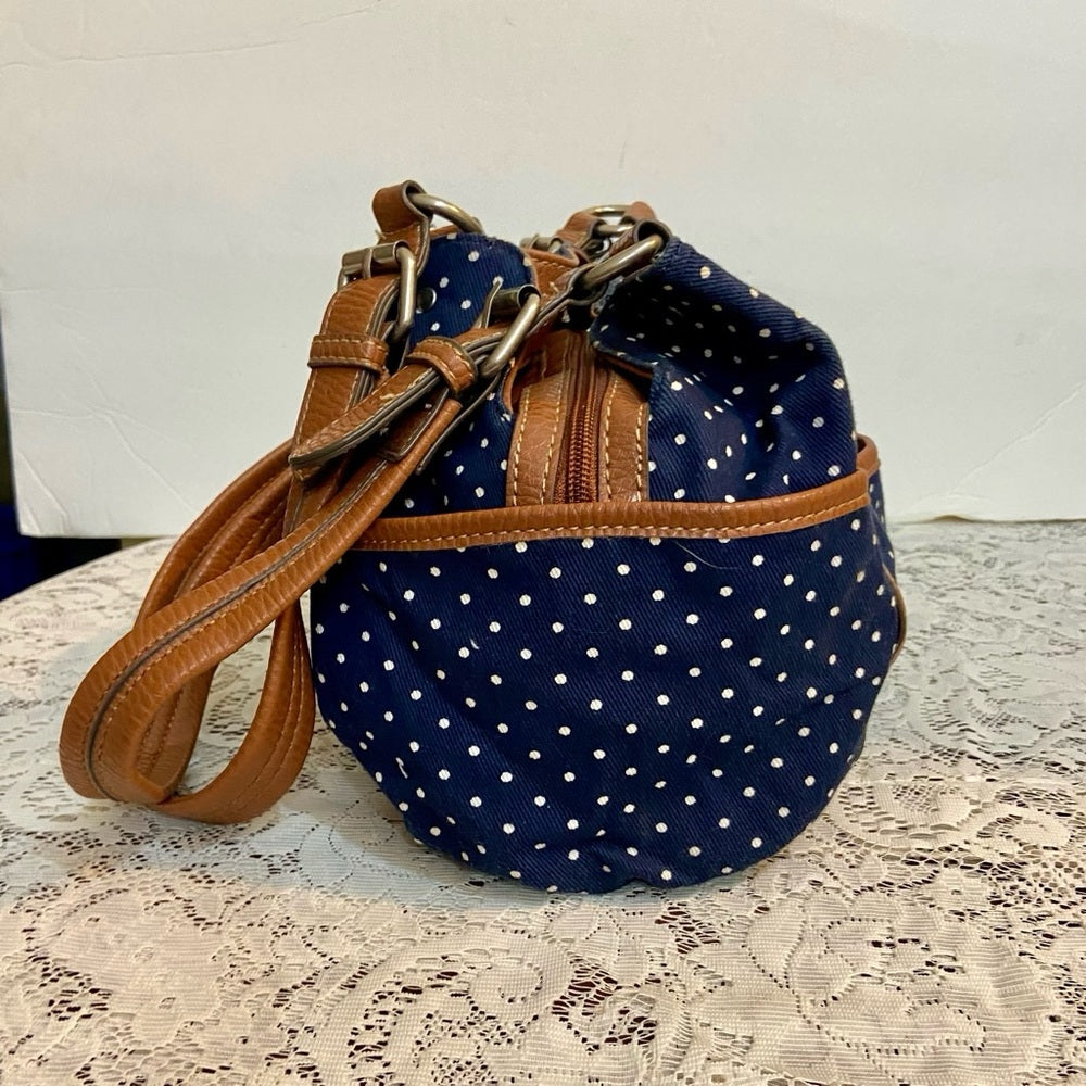 Chaps Polka Dot Blue and White with Brown Leather Trim (9.5in x 9.5in x 3.5in)