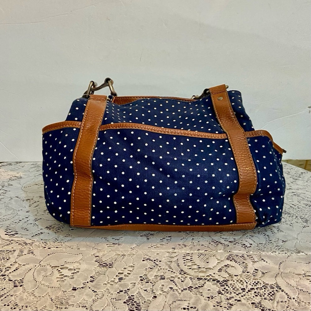 Chaps Polka Dot Blue and White with Brown Leather Trim (9.5in x 9.5in x 3.5in)