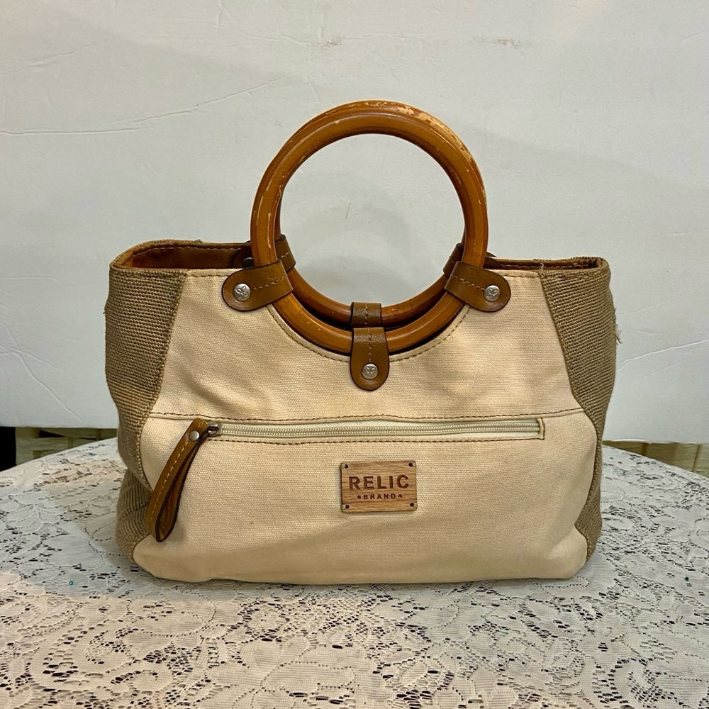 Relic Floral Beige Handbag with Tan Leather Trim (11in x 8.5in x 4in)