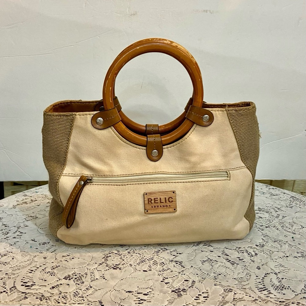 Relic Floral Beige Handbag with Tan Leather Trim (11in x 8.5in x 4in)