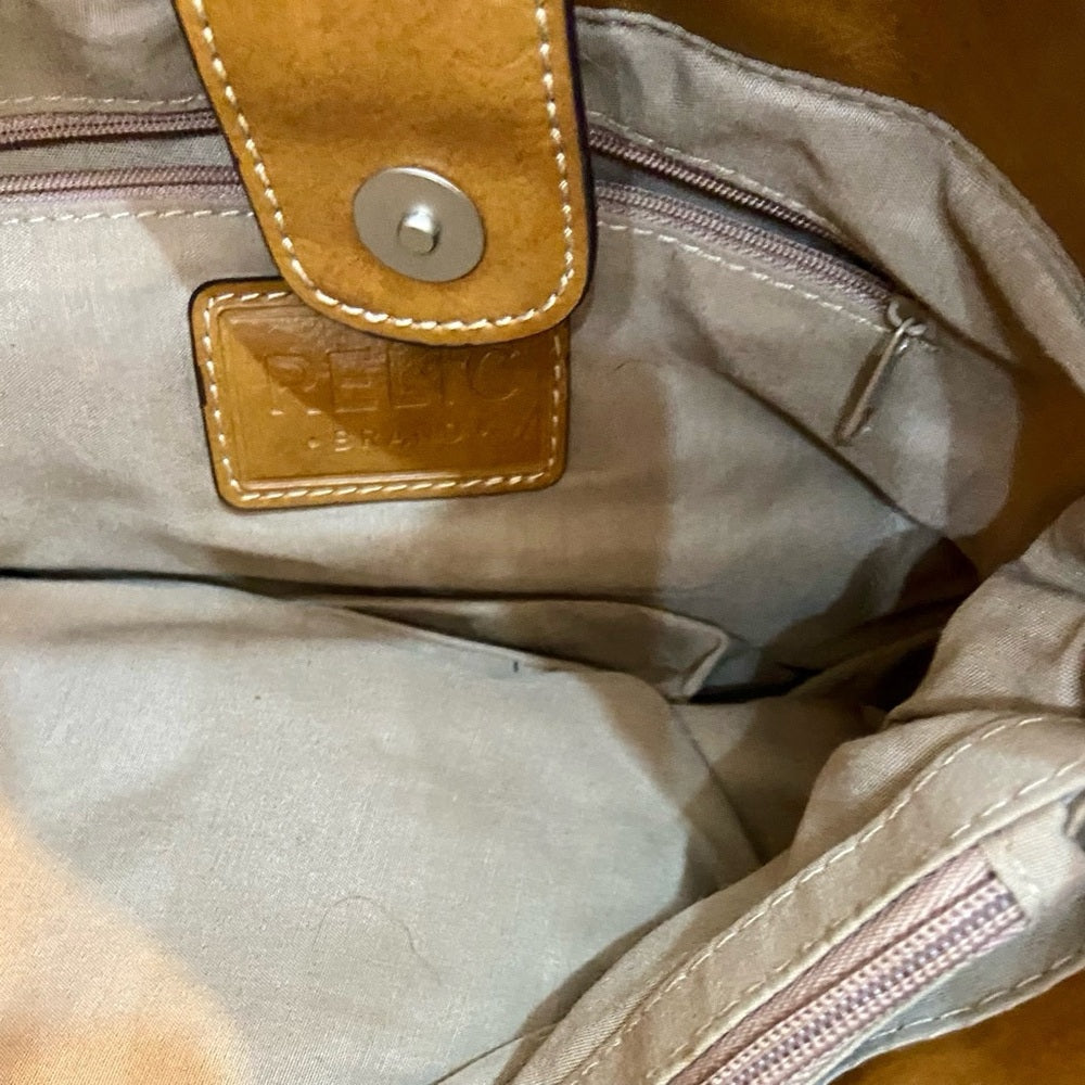 Relic Floral Beige Handbag with Tan Leather Trim (11in x 8.5in x 4in)