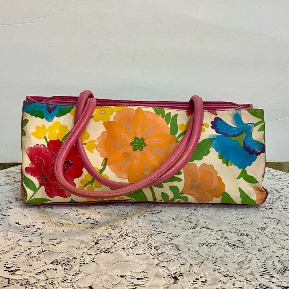 Multi color Floral Handbag with Pink Leather Trim (14in x 6.5in x 4in)