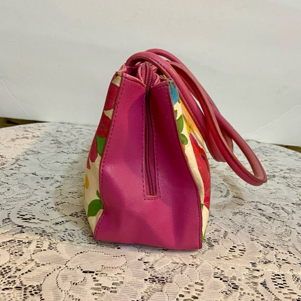Multi color Floral Handbag with Pink Leather Trim (14in x 6.5in x 4in)