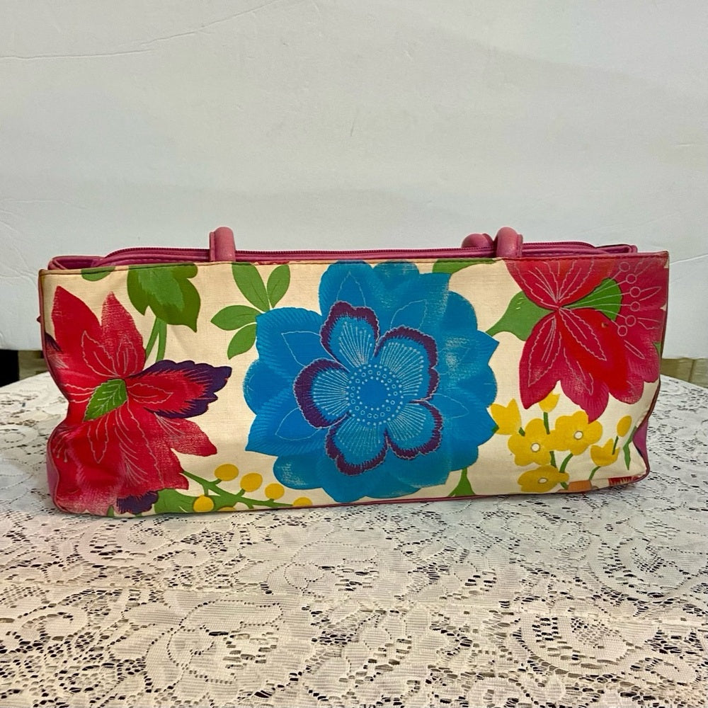 Multi color Floral Handbag with Pink Leather Trim (14in x 6.5in x 4in)