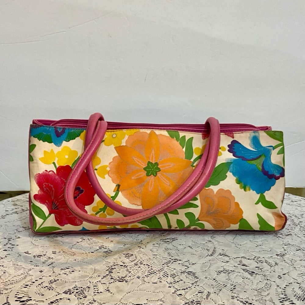Multi color Floral Handbag with Pink Leather Trim (14in x 6.5in x 4in)