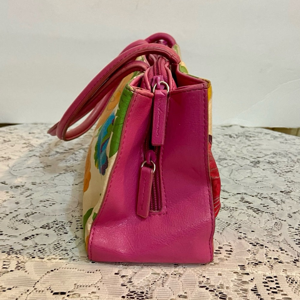 Multi color Floral Handbag with Pink Leather Trim (14in x 6.5in x 4in)
