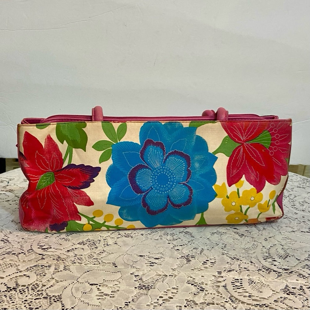 Multi color Floral Handbag with Pink Leather Trim (14in x 6.5in x 4in)