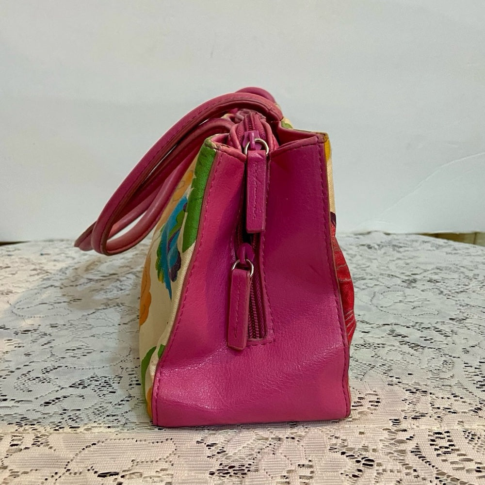 Multi color Floral Handbag with Pink Leather Trim (14in x 6.5in x 4in)